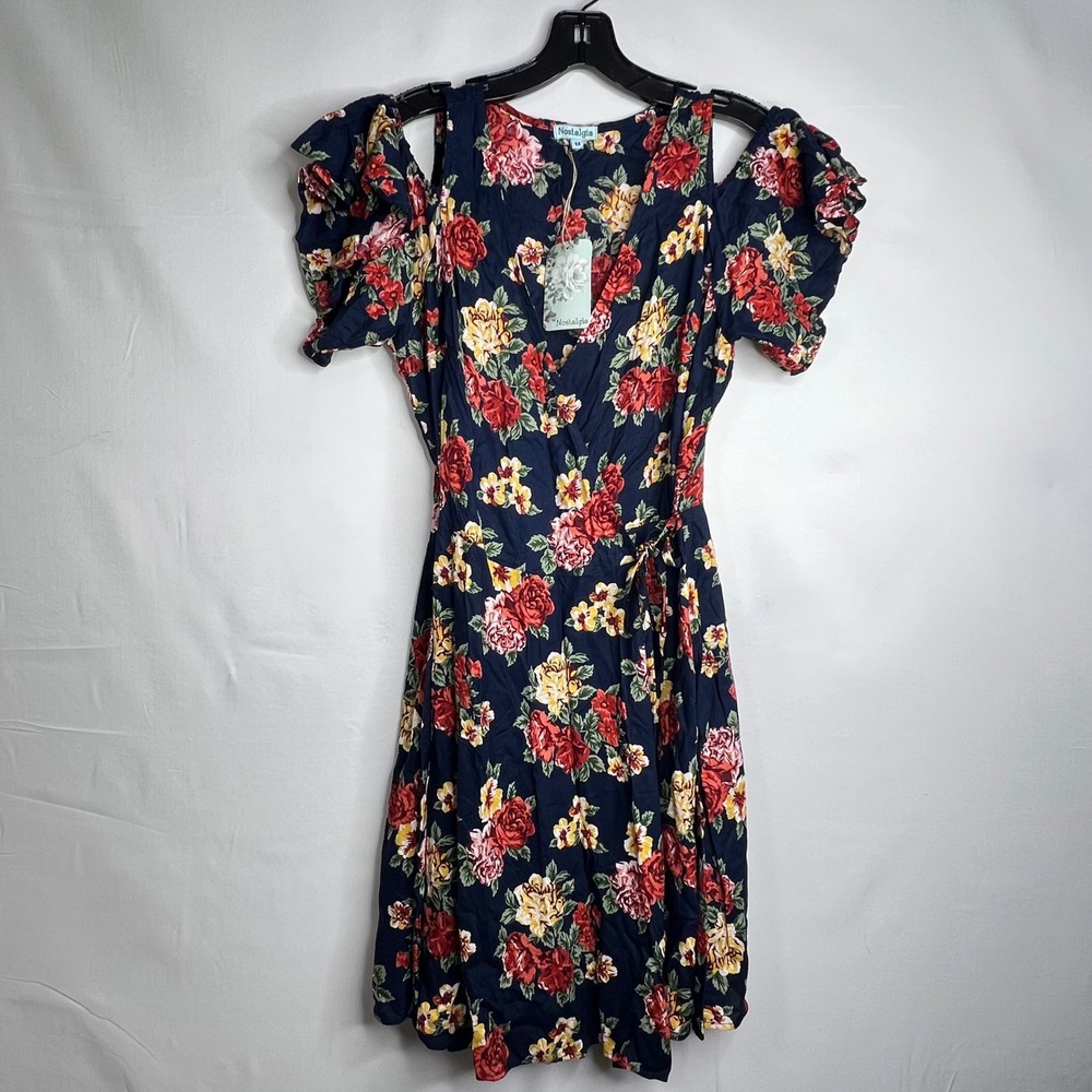 Nostalgia Navy Floral Wrap Dress M Cutout Shoulder Ruffle Sleeve Boho Y2K NWT